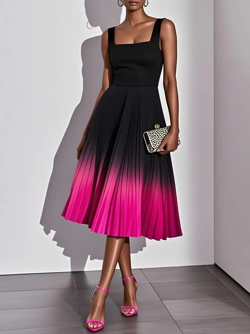 Women's Ombre Pleated Midi Dress | Flowing Sleeveless Party Dress