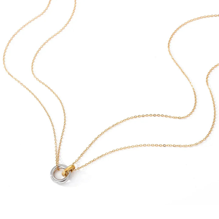 Women's Stainless Steel Interlocking Ring Necklace | Minimalist Two-Tone Pendant Necklace