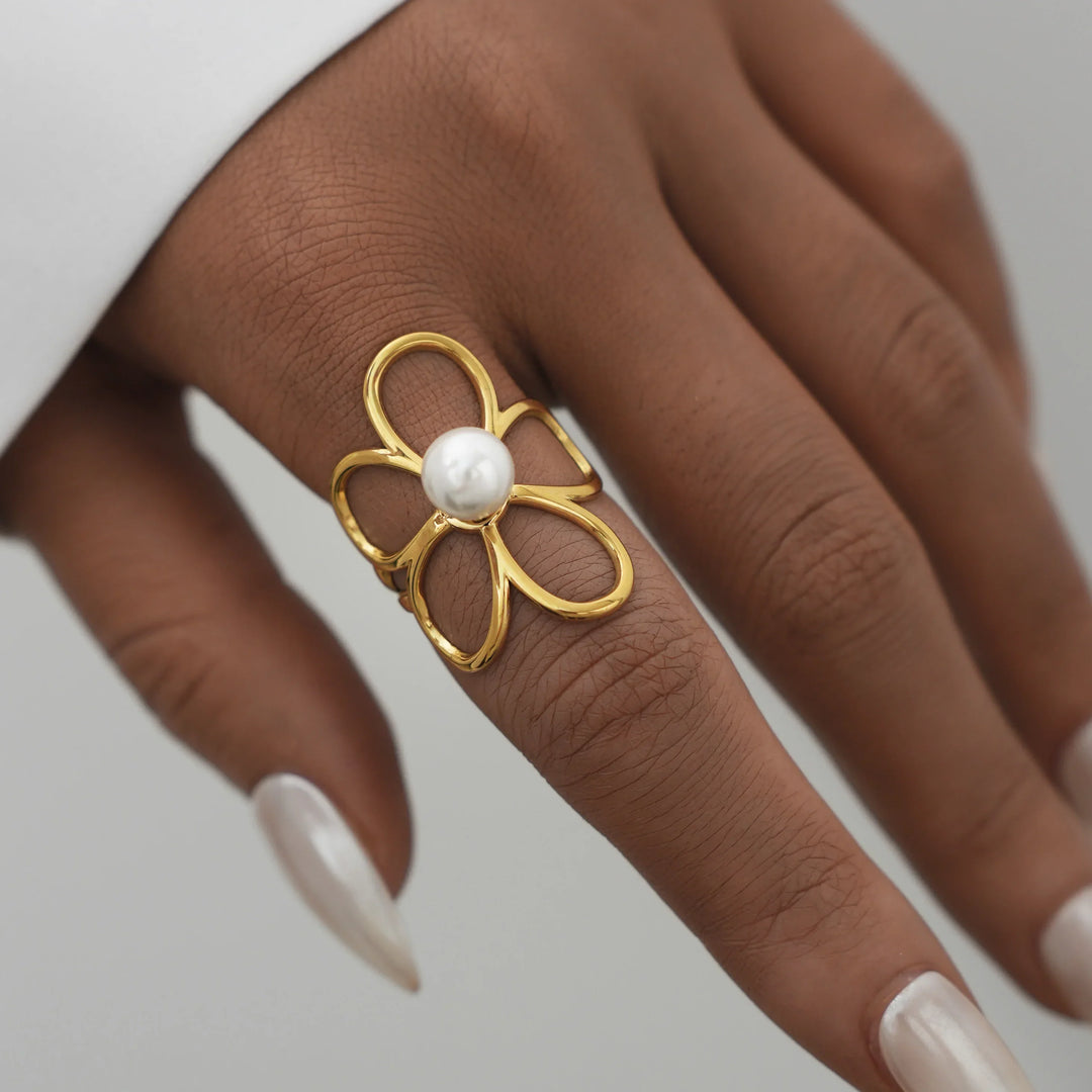 Women's Gold-Plated Pearl Flower Ring | Adjustable Waterproof Petal Ring