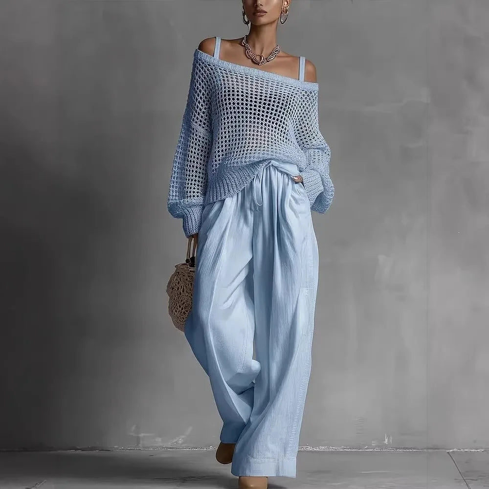 Women's Off-Shoulder Wide-Leg Two-Piece Set | Elegant Textured Trouser Co-Ord