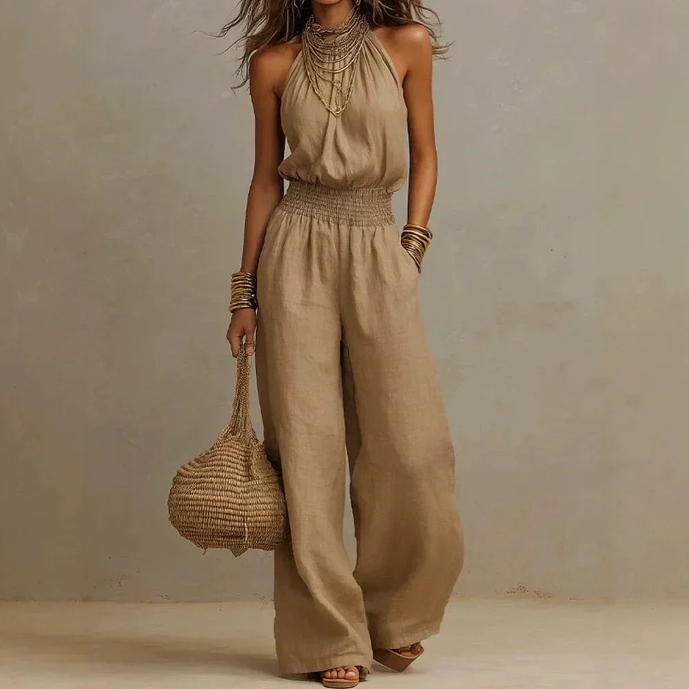 Women's Halter Wide-Leg Jumpsuit | Elegant Smocked-Waist One-Piece