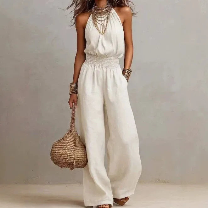 Women's Halter Wide-Leg Jumpsuit | Elegant Smocked-Waist One-Piece