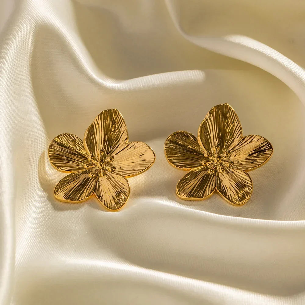 Women's 18K Gold-Plated Petal Stud Earrings | Textured Floral Statement Studs