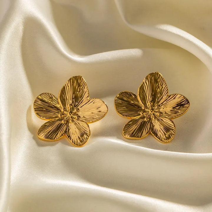 Women's 18K Gold-Plated Petal Stud Earrings | Textured Floral Statement Studs