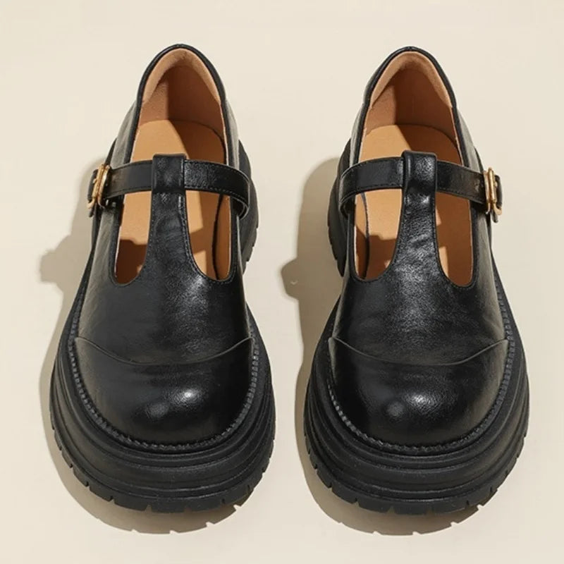 Women's T-Bar Mary Jane Brogue Shoes | Round Toe Low Heels