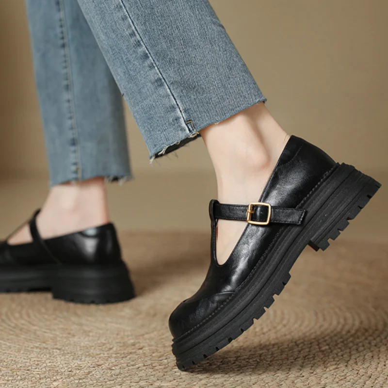 Women's T-Bar Mary Jane Brogue Shoes | Round Toe Low Heels