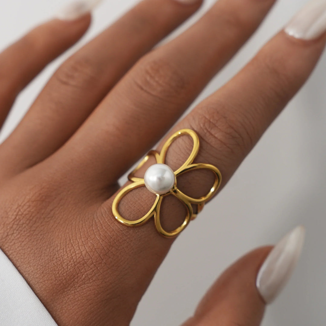 Women's Gold-Plated Pearl Flower Ring | Adjustable Waterproof Petal Ring
