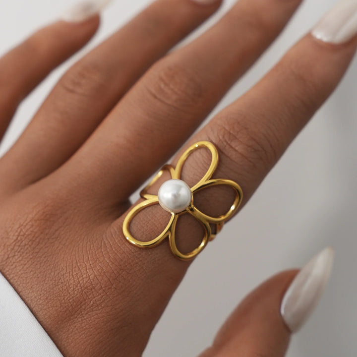 Women's Gold-Plated Pearl Flower Ring | Adjustable Waterproof Petal Ring