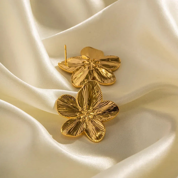 Women's 18K Gold-Plated Petal Stud Earrings | Textured Floral Statement Studs
