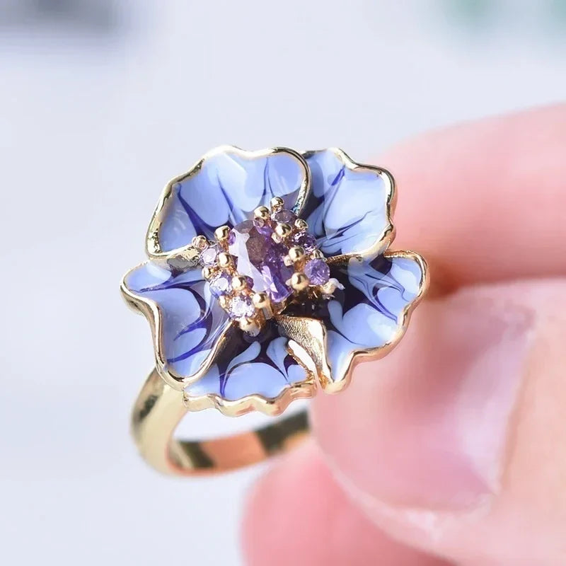 Women's Enamel Floral Cubic Zirconia Ring | Gold-Plated Lilac Petal Ring