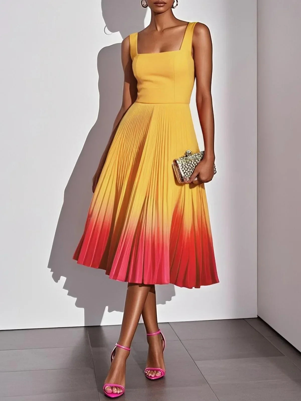 Women's Ombre Pleated Midi Dress | Flowing Sleeveless Party Dress