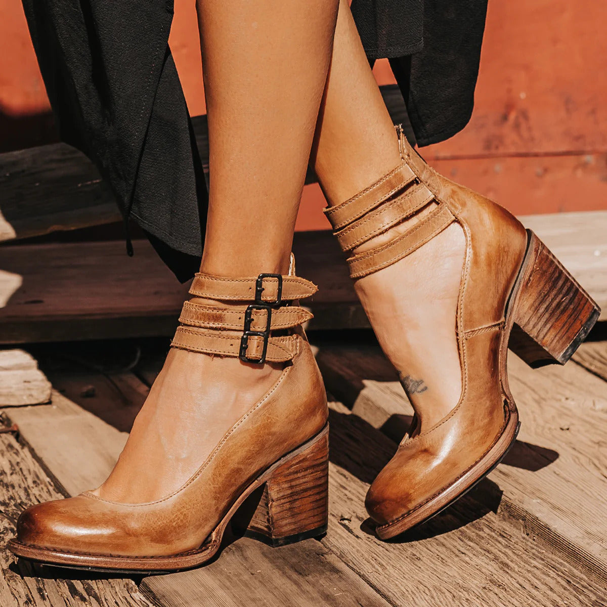 Sandals | Triple Ankle Strap Closed Toe Block Heel | Stylish Comfortable Footwear