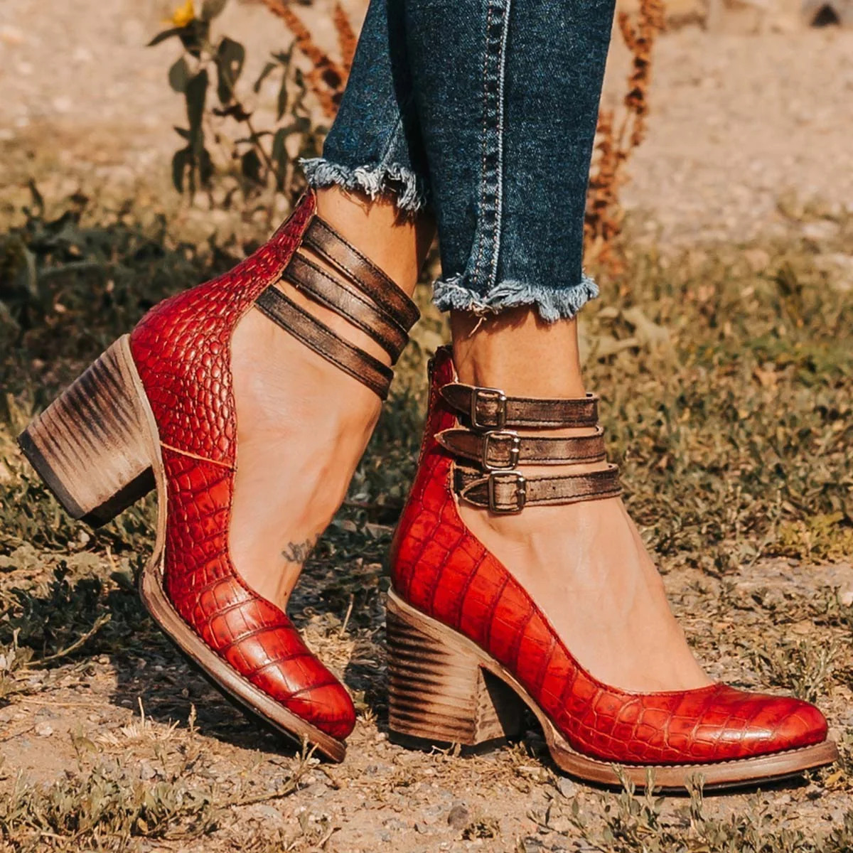 Sandals | Triple Ankle Strap Closed Toe Block Heel | Stylish Comfortable Footwear