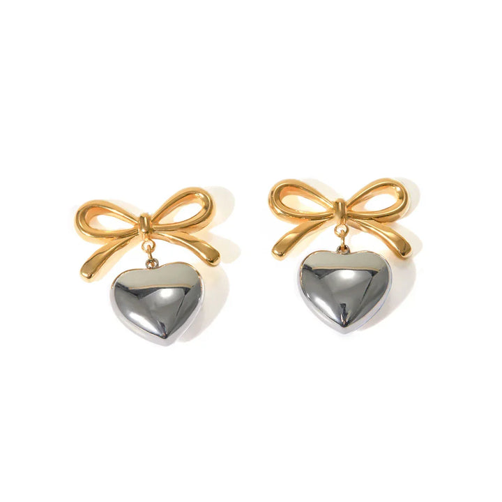 Women's Stainless Steel Bow and Heart Stud Earrings | Waterproof Two-Tone Studs