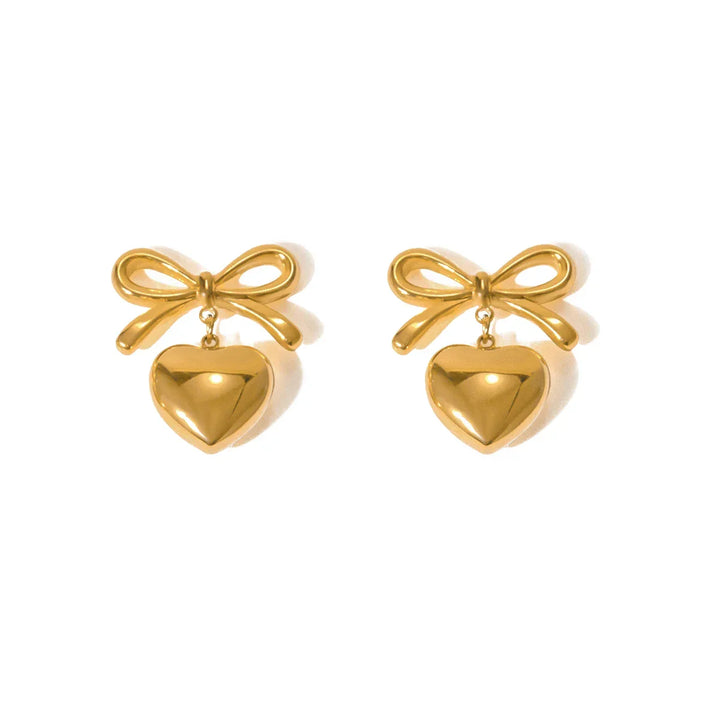 Women's Stainless Steel Bow and Heart Stud Earrings | Waterproof Two-Tone Studs