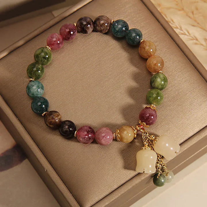 Women's Carved Natural Stone Flower Bracelet | Slip-On Beaded Tassel Bracelet