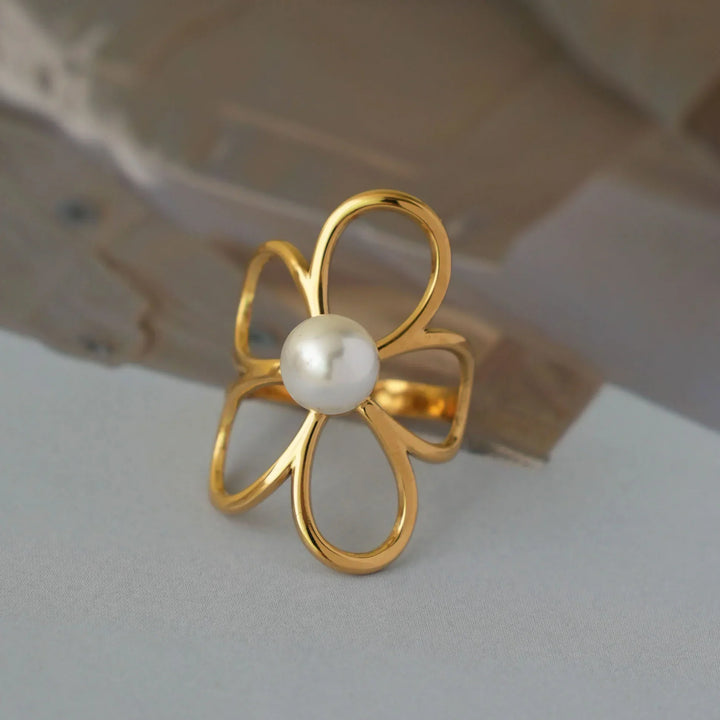 Women's Gold-Plated Pearl Flower Ring | Adjustable Waterproof Petal Ring