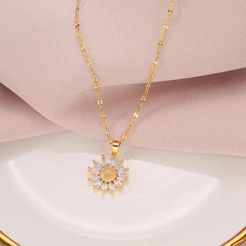 Women's Gold-Plated Floral Cubic Zirconia Necklace | Adjustable Pendant Chain Necklace