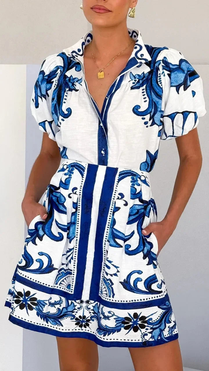 Duttini | Linen Floral Cocktail Dress Set (Top & Skirt)