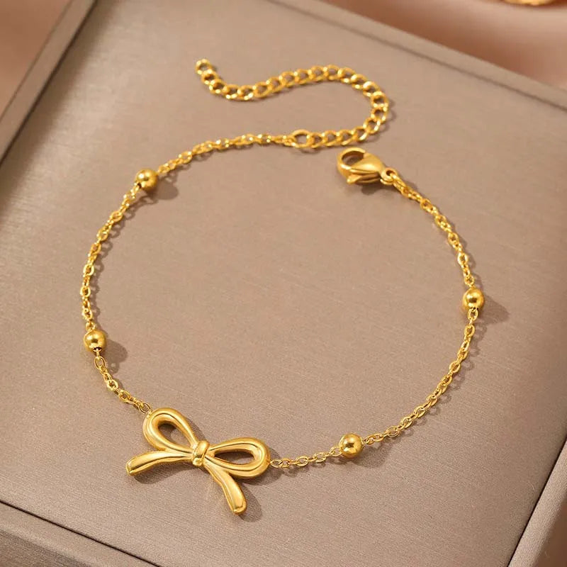 Women's Gold-Plated Bow Charm Bracelet | Adjustable Waterproof Chain Bracelet