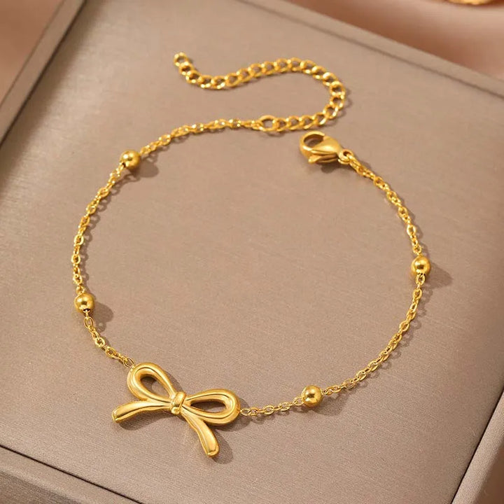 Women's Gold-Plated Bow Charm Bracelet | Adjustable Waterproof Chain Bracelet