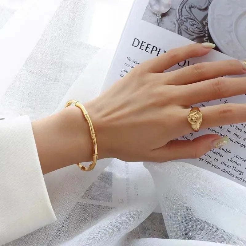 Women's Gold-Plated Bamboo Cuff Bracelet | Adjustable Hypoallergenic Open Cuff