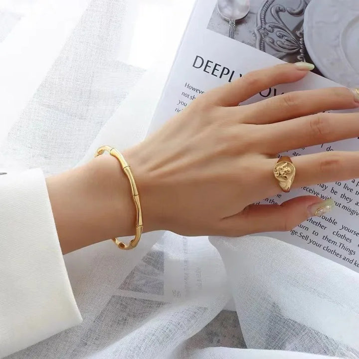 Women's Gold-Plated Bamboo Cuff Bracelet | Adjustable Hypoallergenic Open Cuff