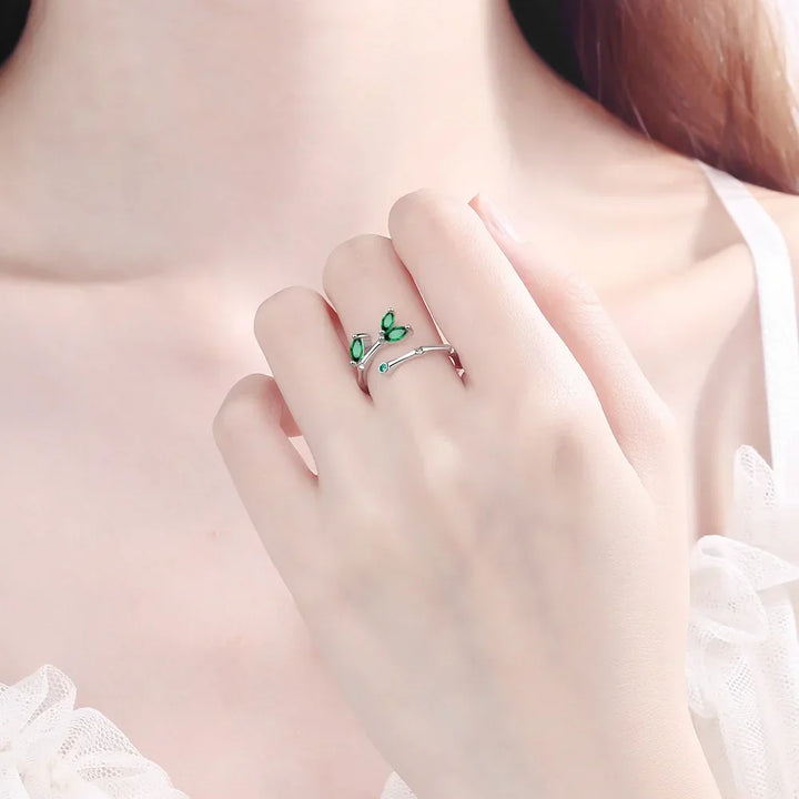Women's Green Cubic Zirconia Leaf Ring | Adjustable Marquise Stone Ring