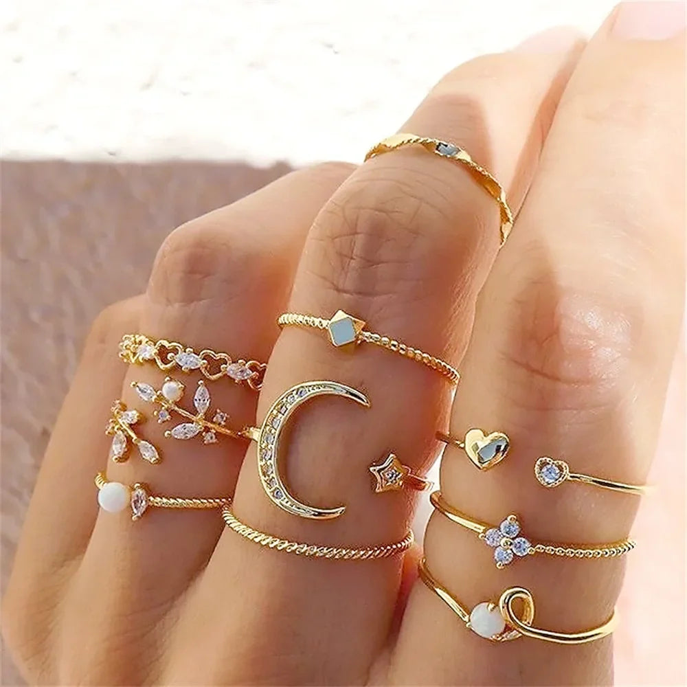 Women's Gold-Plated Stacking Ring Set | Adjustable Cubic Zirconia Stack Rings