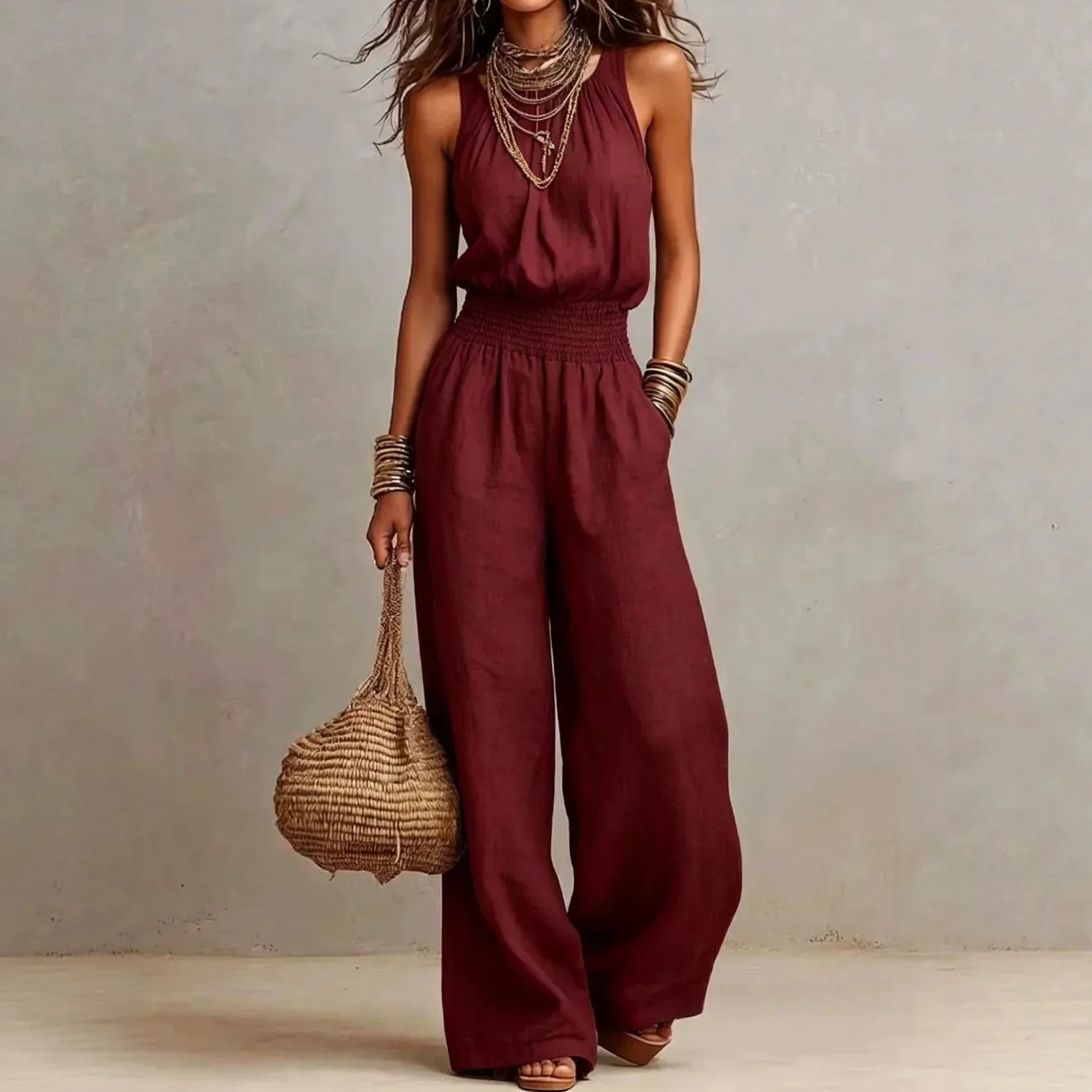 Women's Halter Wide-Leg Jumpsuit | Elegant Smocked-Waist One-Piece