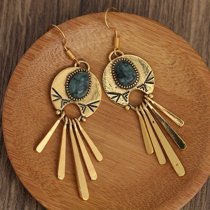 Women's Natural Stone Boho Drop Earrings | Vintage Gold-Tone Statement Drops