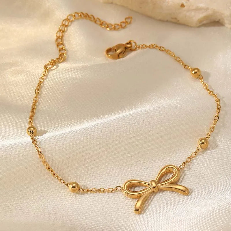 Women's Gold-Plated Bow Charm Bracelet | Adjustable Waterproof Chain Bracelet