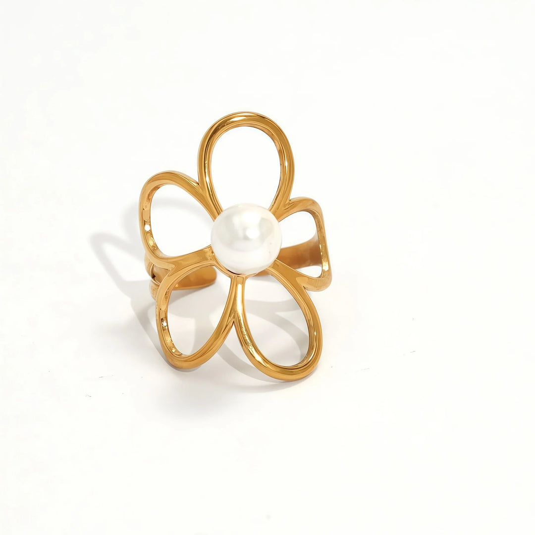 Women's Gold-Plated Pearl Flower Ring | Adjustable Waterproof Petal Ring