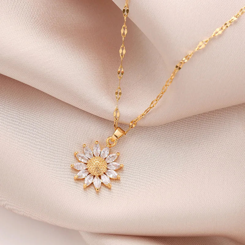 Women's Gold-Plated Floral Cubic Zirconia Necklace | Adjustable Pendant Chain Necklace