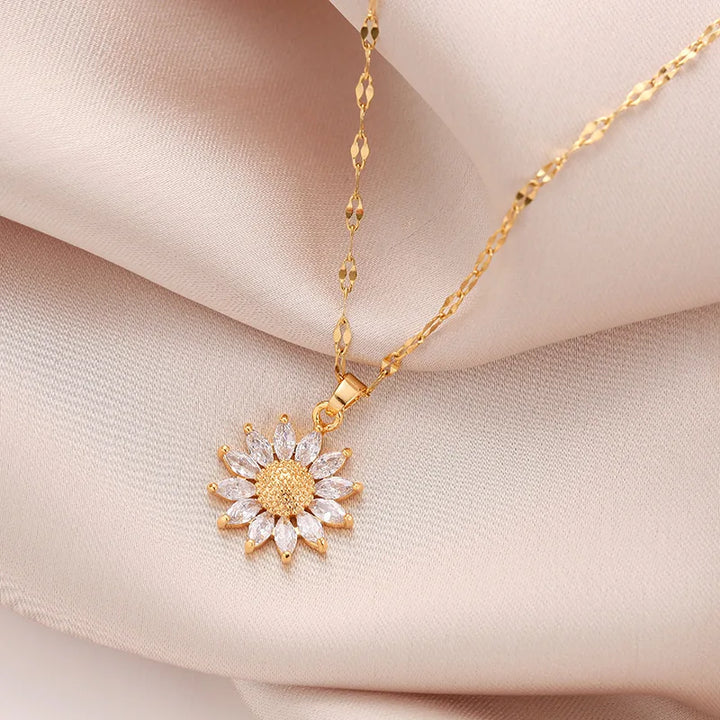 Women's Gold-Plated Floral Cubic Zirconia Necklace | Adjustable Pendant Chain Necklace