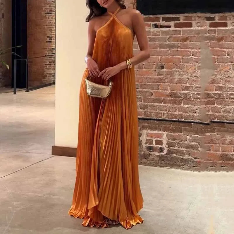 Women's Pleated Halter Maxi Dress | Elegant Wedding Guest Evening Gown