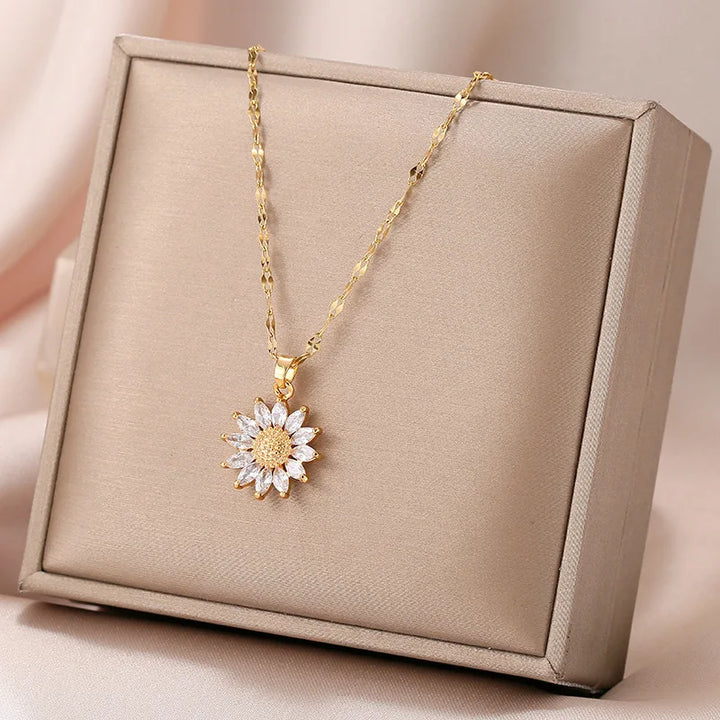 Women's Gold-Plated Floral Cubic Zirconia Necklace | Adjustable Pendant Chain Necklace