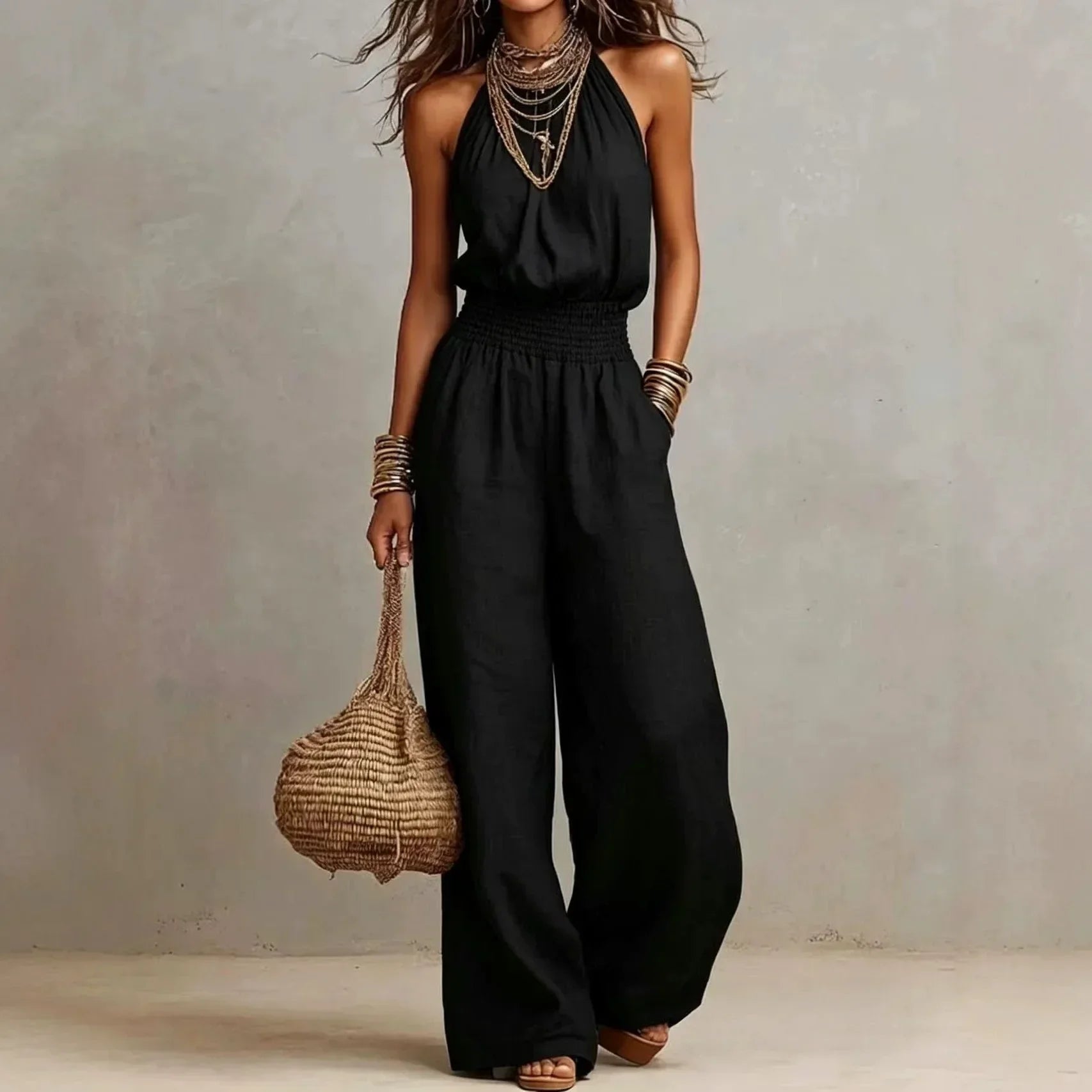Women's Halter Wide-Leg Jumpsuit | Elegant Smocked-Waist One-Piece