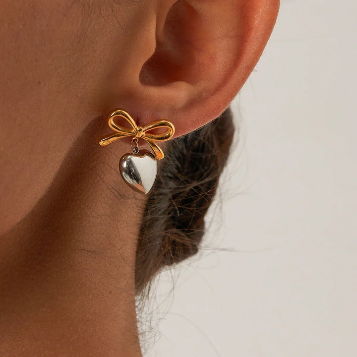 Women's Stainless Steel Bow and Heart Stud Earrings | Waterproof Two-Tone Studs