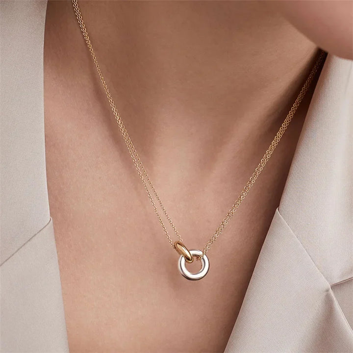 Women's Stainless Steel Interlocking Ring Necklace | Minimalist Two-Tone Pendant Necklace