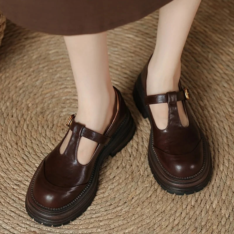 Women's T-Bar Mary Jane Brogue Shoes | Round Toe Low Heels