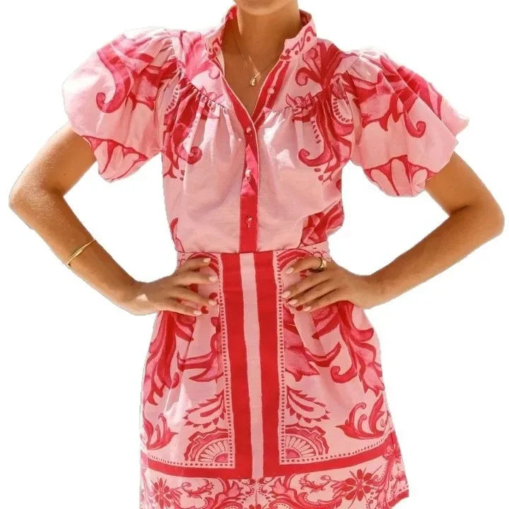 Duttini | Linen Floral Cocktail Dress Set (Top & Skirt)