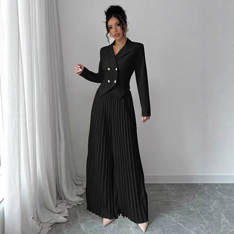 Suit Set | Double Breasted Blazer and Pleated Wide Leg Pants