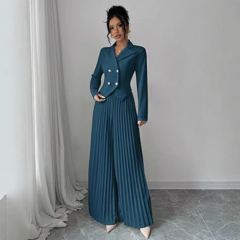 Suit Set | Double Breasted Blazer and Pleated Wide Leg Pants