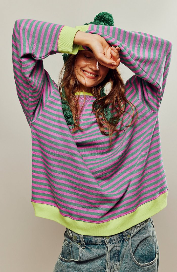 Sweatshirt | Oversized Striped Contrast-Trim Casual Top | Bold Comfortable