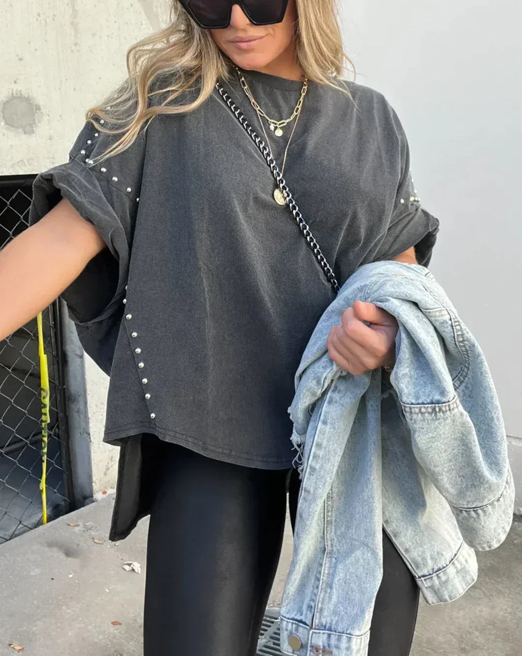 T-Shirt | Stud-Detail Oversized Boyfriend Top | Edgy Comfortable
