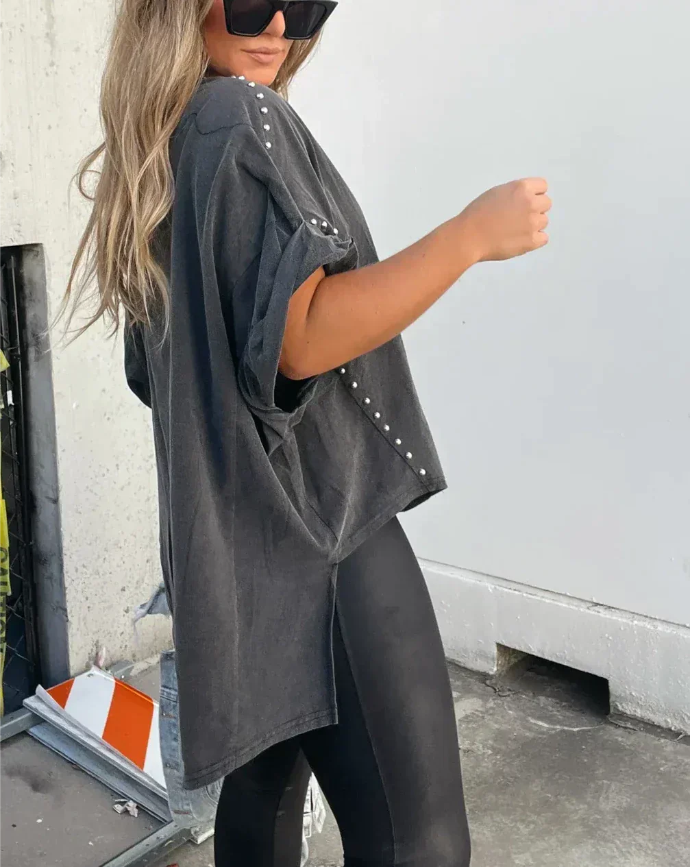 T-Shirt | Stud-Detail Oversized Boyfriend Top | Edgy Comfortable