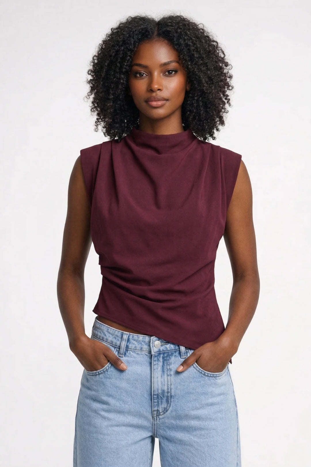 Top | Fitted Drapery Round Neck Sleeveless Blouse | Elegant Sophisticated