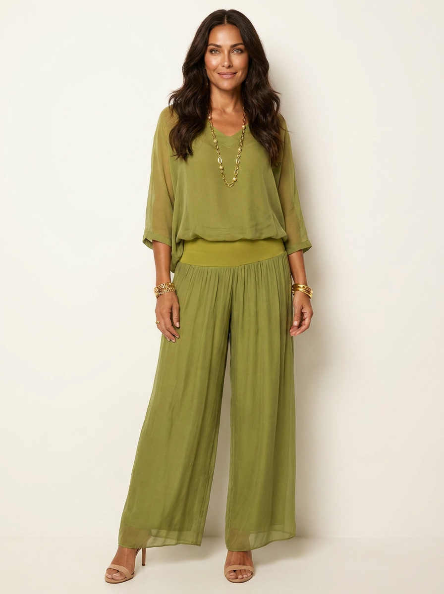 Two-Piece Set | Elegant V-Neck Top with Wide Trousers