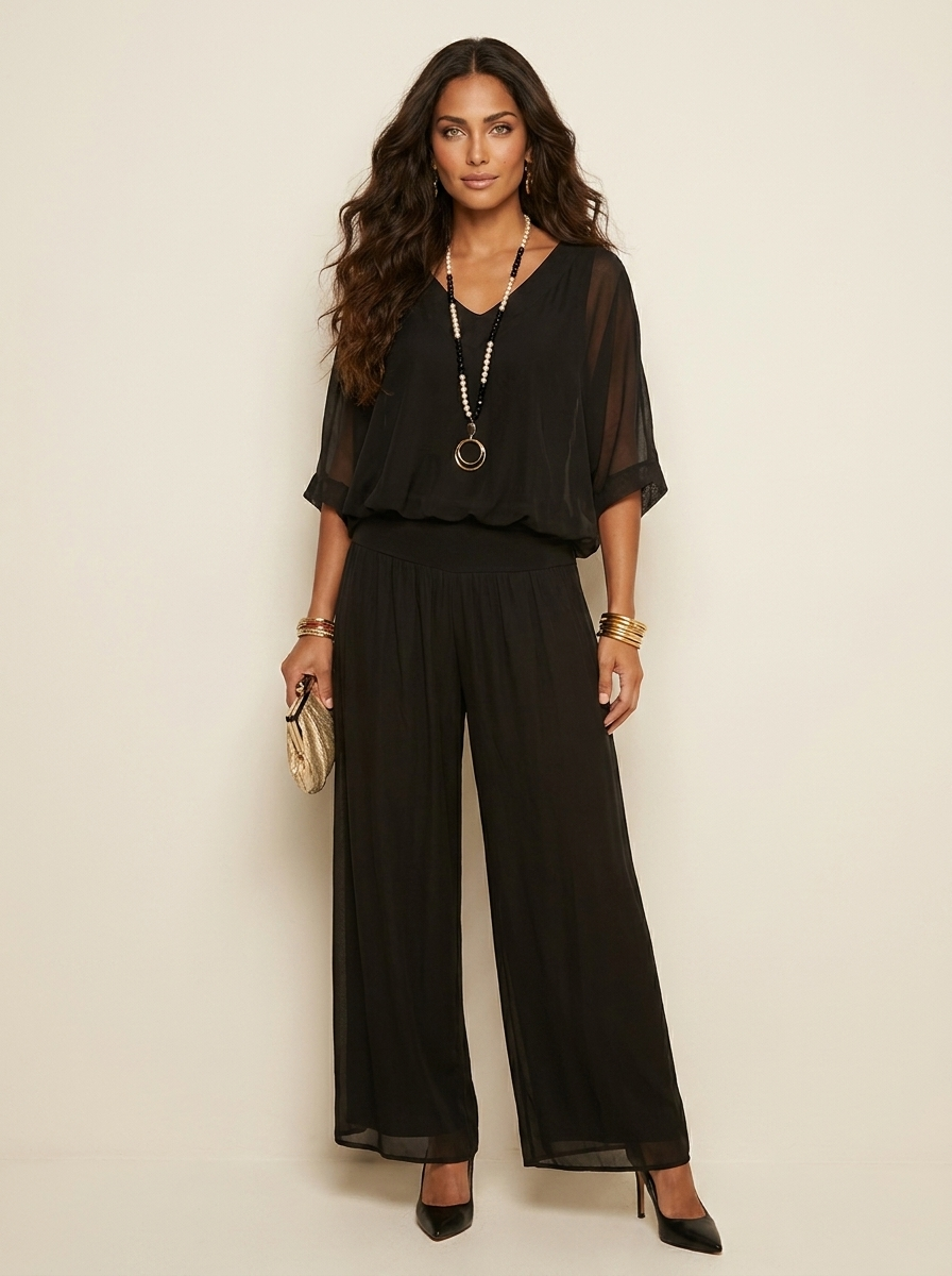 Two-Piece Set | Elegant V-Neck Top with Wide Trousers